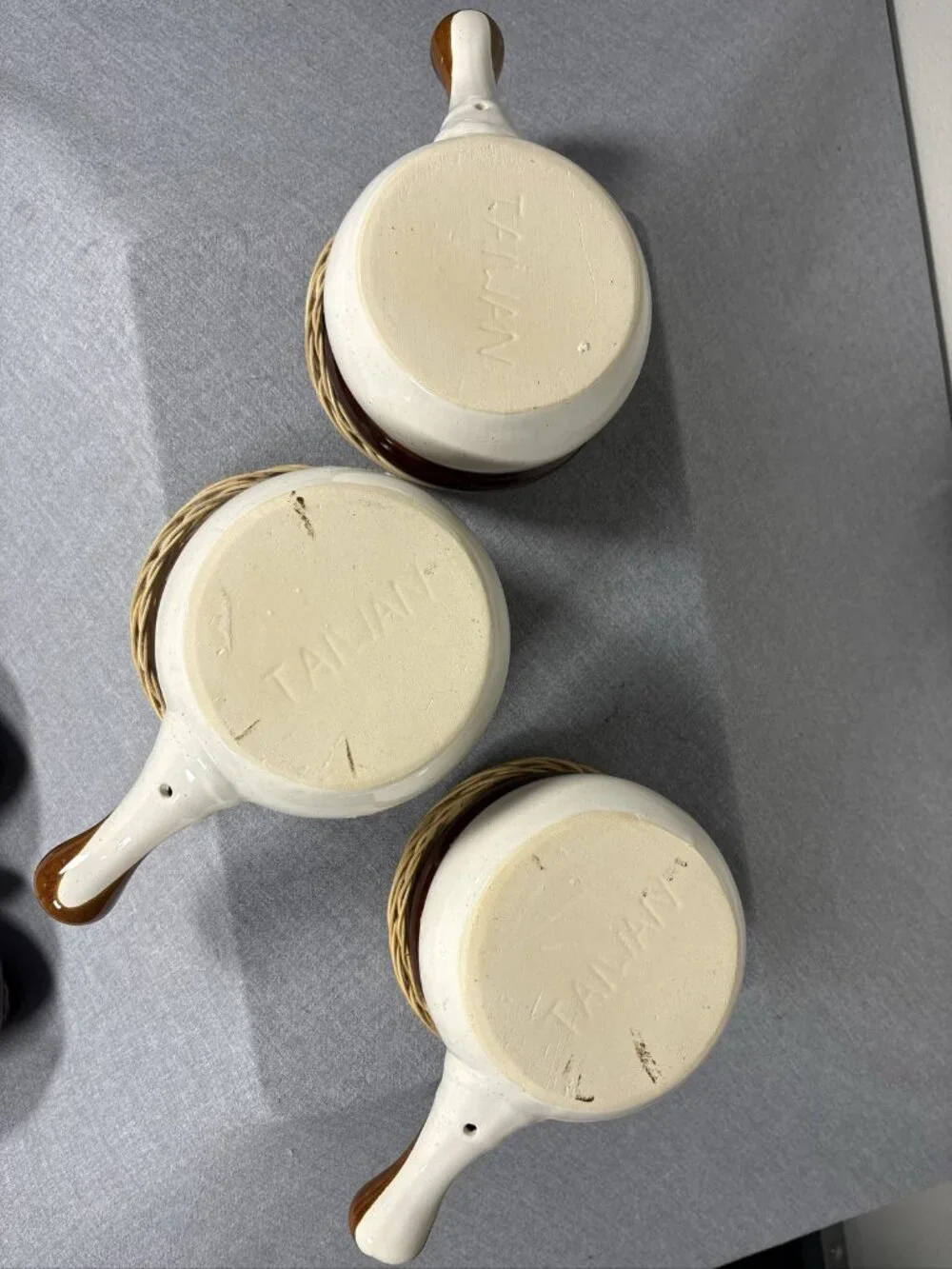 Vintage Set of 3 Stoneware French Onion Soup Crocks with Lids and Handles W/bask